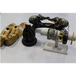 CLOISONNE STYLE ELEPHANTS COLLECTIBLE SHOE STRETCHERS AND BANGLES ON STAND AND HAND RING HOLDER