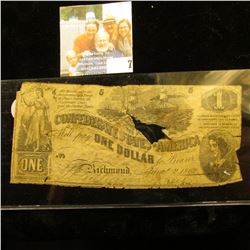 VINTAGE CONFEDERATE STATES OF AMERICA ONE DOLLAR NOTE DATED 1862