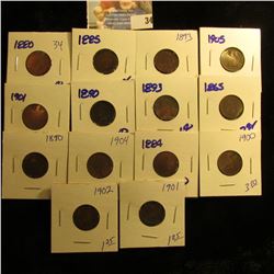 14 INDIAN HEAD PENNIES DATED 1902, 1900, 1884, 1904, 1890, 1865, 1893, 1890, 1901, 1905, 1893, 1885,