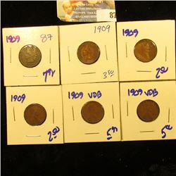 2 1909 VDB WHEAT PENNIES, 3 1909 WHEAT PENNIES. AND 1909 INDIAN HEAD PENNY