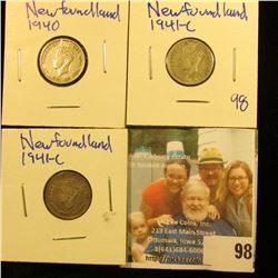 3 NEWFOUNDLAND SILVER DIMES DATED 1940, 1941-C, AND 1941-C.