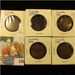 1859, 1876-H, 1918, 1919, AND 1916 CANADIAN LARGE CENTS.  THESE PENNIES ARE BETTER THAN AVERAGE CIRC