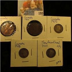 MISCELLANEOUS CANADIAN COIN LOT INCLUDES 1905 AND 1918 CANADIAN SILVER DIMES, 1901 &1912 CANADIAN LA
