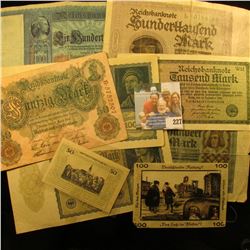 GERMAN BANK NOTE LOT INCLUDES 2 10,000 MARK NOTE, 1000 MARK NOTE, A COUPLE OF HUNDRED MARK NOTES, 50