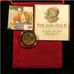 Red Felt Bag containing "Pope John Paul II Vatican City 2001 1,000 Lire Coin, encapsulated, Gem BU, 