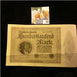 1923 German 100,000 Mark Banknote. Two folds.