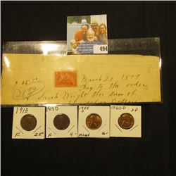 March 27, 1899 hand written check with 2c Documentary Stamp; 1913P Fine, 13D Fine, 55S BU, & 1960 D 