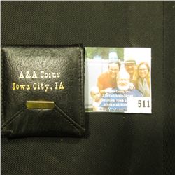 "A & A Coins Iowa City, Ia." black leather coin holder with gold embossed lettering, inside is a 178