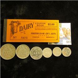 (6) Different Good for Tokens from Iowa and Wyoming; & an old, but Mint condition "$2.00 Dairy Coupo