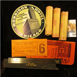 "Monarch Red Brand Fence…Peoria, Illinois" notepad; Credit scrip from "Newtone Studios…Maywood, Ill.