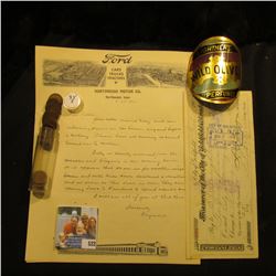 Heavy bottle label (plastic) "Lightner's Wild Olive Perfumes"; a letter discussing the Feb. 25, 1930