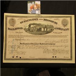 March 20th, 1874 Stock Certificate for 22 Shares "Burlington and Missouri River Railroad Company Sta