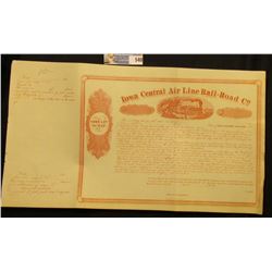 March 18th, 1858 "Town Lot Scrip. Iowa Central Air Line Rail-Road Co.", unissued with stub. Central 