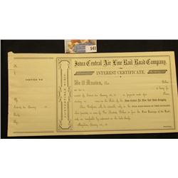 Pair of attached unissued "Interest Certificate(s)" for "Iowa Central Air Line Rail road Company" 18
