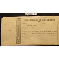 1850 era "Office of the Iowa Central Air Line Rail road Company", unissued transfer certificate.