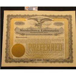 Unissued Capital Stock Certificate "Marshalltown Laboratories Marshalltown, Iowa", upper central vig