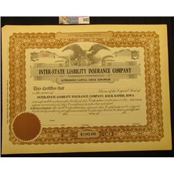 Unissued Capital Stock Certificate "Inter-State Liability Insurance Company", upper central vignette