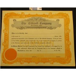 Unissued Capital Stock Certificate "The Cilkloid Company Marshalltown, Iowa",  Early 1920 era.