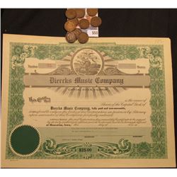 Unissued "Iowa" Stock Certificate "Diercks Music Company", Iowa State Seal upper center; & (10) 1904
