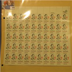 Sheet of 50 Fifteen Cent Stamps United States Postage "Emily Bissell Crusader Against Tuberculosis";