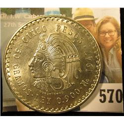1947 Mexico Silver Cinco 5 Pesos depicting the Aztec Emperor, Cuauhtémoc ~ Ley 0.900 ~ BU ~ UNCIRCUL