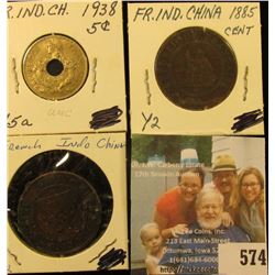 1885 & 1886 One Cent, & 1938 Five Cent French-Indo China, grades up to AU.
