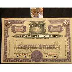 1929 "Specimen" stamped twice in red ink, unissued Stock Certifcate "The Aviation Corporation Incorp