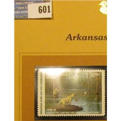 1998 Arkansas Waterfowl Hunting and Conservation $7.00 Stamp depicting Mallards, Hunter, and dog. Mi