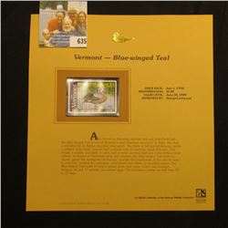1998 Vermont Waterfowl $6.00 Stamp depicting a Blue-winged Teal, Mint, unsigned, in vinyl page with 