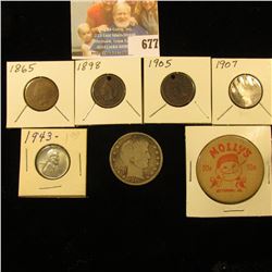 "Molly's 50c Ottumwa, Ia." Wooden Coin; 1865, 98 (holed) 1905 (Holed), & 1907 (Holed) Indian Head Ce