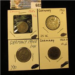 German Coin Group: 1950D 10 Pfennig, BU; 1910A 25 Pfennig EF with spots; 1918 D Silver Half Mark, Ni