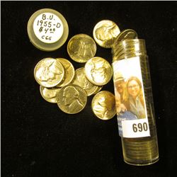 1955 D Original Gem BU Roll of Jefferson Nickels in a plastic tube.