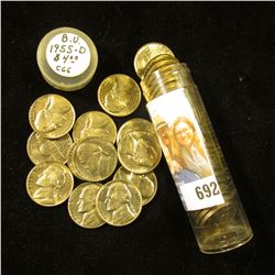 1955 D Original Gem BU Roll of Jefferson Nickels in a plastic tube.