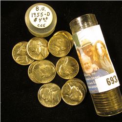1955 D Original Gem BU Roll of Jefferson Nickels in a plastic tube.