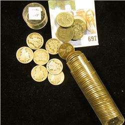Roll of WW II era U.S. Steel Cents in a plastic tube; 1918, (3) 1920 era, & (3) 1930 era Mercury Sil