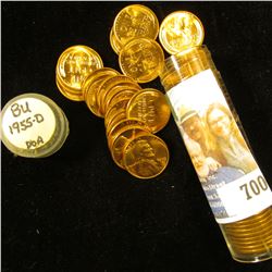 1955 D Original Gem BU Roll of Lincoln Cents in a plastic tube.