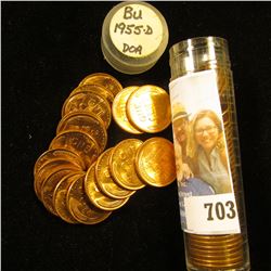 1955 D Original Gem BU Roll of Lincoln Cents in a plastic tube. An occasional spot in this roll.