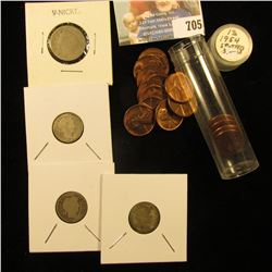 (18) 1954 P uncirculated Lincoln Cents, a few spots in the group; Old V-Nickel; & (3) Old Barber Dim
