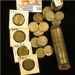 Roll of WW II era U.S. Steel Cents in a plastic tube; (10) Old Buffalo Nickels; & (4) Silver World W