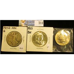 1917 Obverse D Good Walking Liberty Half Dollar, 1951P Gem BU Franklin Half Dollar, & 1985 P Kennedy