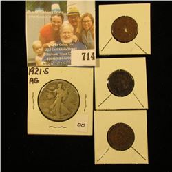 1921 S Walking Liberty Half Dollar, AG-G; 1882 G, 1889 VF, & 1900 (damaged) Indian Head Cents.