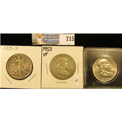 1933 S Good Walking Liberty Half Dollar; 1953 P VF & 59 P AU Franklin Half Dollars.