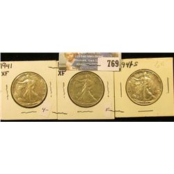 1941 P, D, & S Walking Liberty Half Dollars, all EF.
