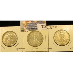 Set of Three World War II Denver Mint Silver Walking Liberty Half Dollars, all grading EF-AU. Includ