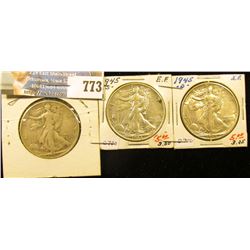 Set of Three World War II 1945 P VF, 45 D EF, & 45 S EF Silver Walking Liberty Half Dollars
