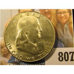 1954 S Franklin Half Dollar, Brilliant Uncirculated. Light original toning.