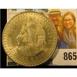 1947 Mexico Silver Cinco 5 Pesos depicting the Aztec Emperor, Cuauhtémoc ~ Ley 0.900 ~ BU ~ UNCIRCUL