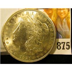1921 P U.S. Morgan Silver Dollar, Brilliant Uncirculated. Light gold toning.