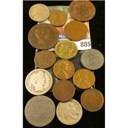 Mixed Group of Old Coins including some Silver, a counterstamped Two Cent Piece, and a Large Cent.