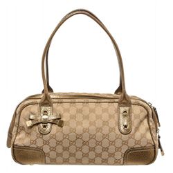 Gucci Gold Beige Monogram Metallic Leather Bowling Bag